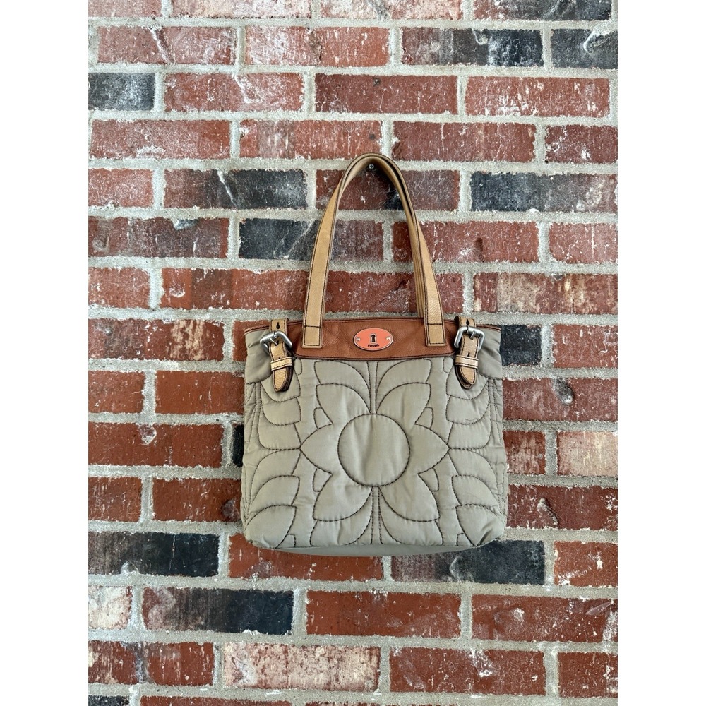 Vintage Fossil Key Per Gray Brown Quilted Tote Bag Shoulder Purse